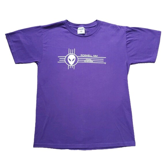 Vintage 90s Y2K Alien Final Answer Roswell NM Size Medium Mens Purple T-Shirt - Picture 1 of 5